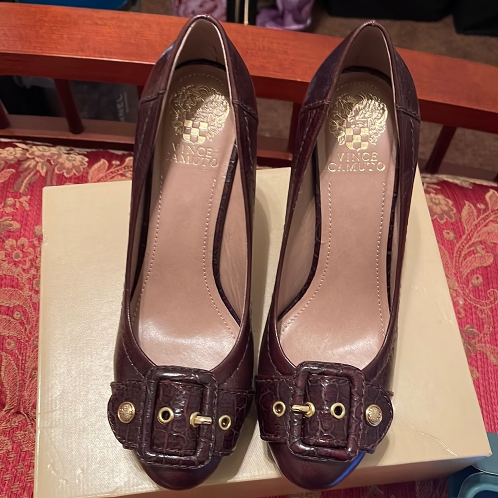 Vince Camuto Brown Buckle Toe Heels